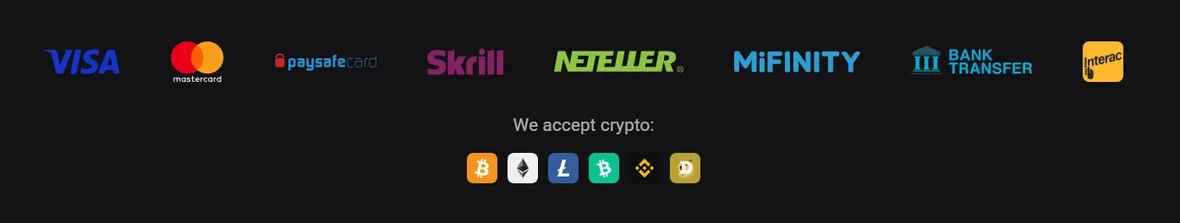 Payment methods accepted at Rollero: Visa, Mastercard, paysafecard, Skrill, Neteller, MiFinity, bank transfer and crypto