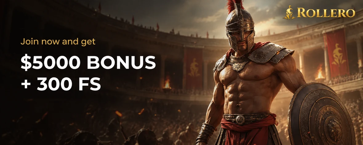 Rollero welcome package banner: join now and get A$5,000 bonus plus 300 free spins